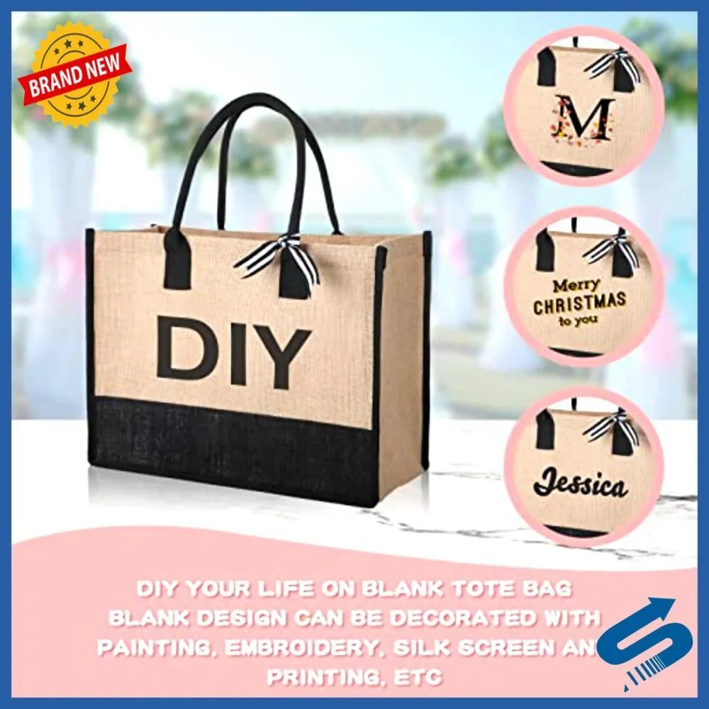 Large Jute Tote Bags Set Reusable Burlap Beach Shopping Grocery DIY Gift